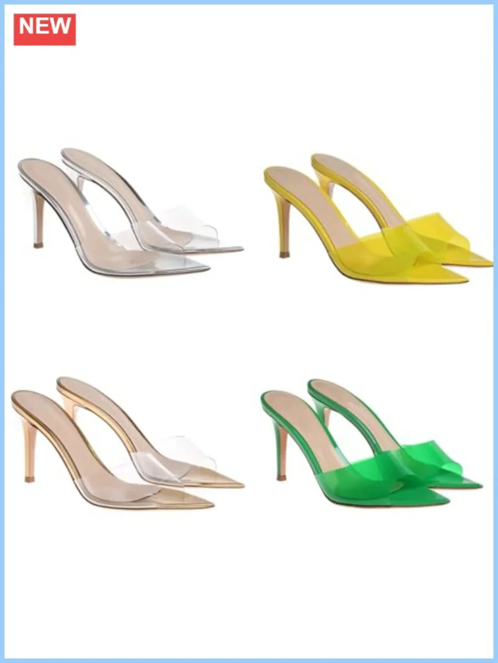 Clear Pointed Open Toe Stiletto Heel Slide Sandals TPU Straps Mules